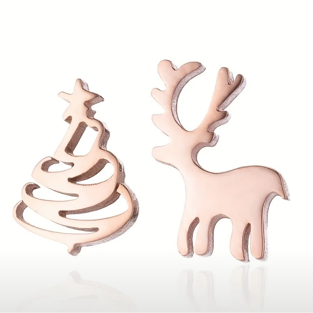 Rose Gold Stainless steel Christmas Tree and Elk Earrings